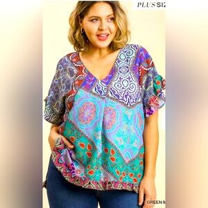 NWT Umgee Mixed Print V Neck Short Ruffle Sleeve Top